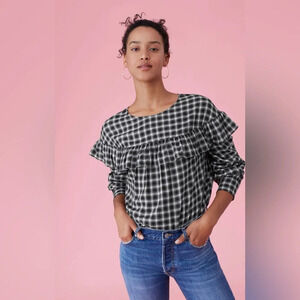 NWT La Vie Rebecca Taylor Plaid Ruffle Blouse in Black/White Size M